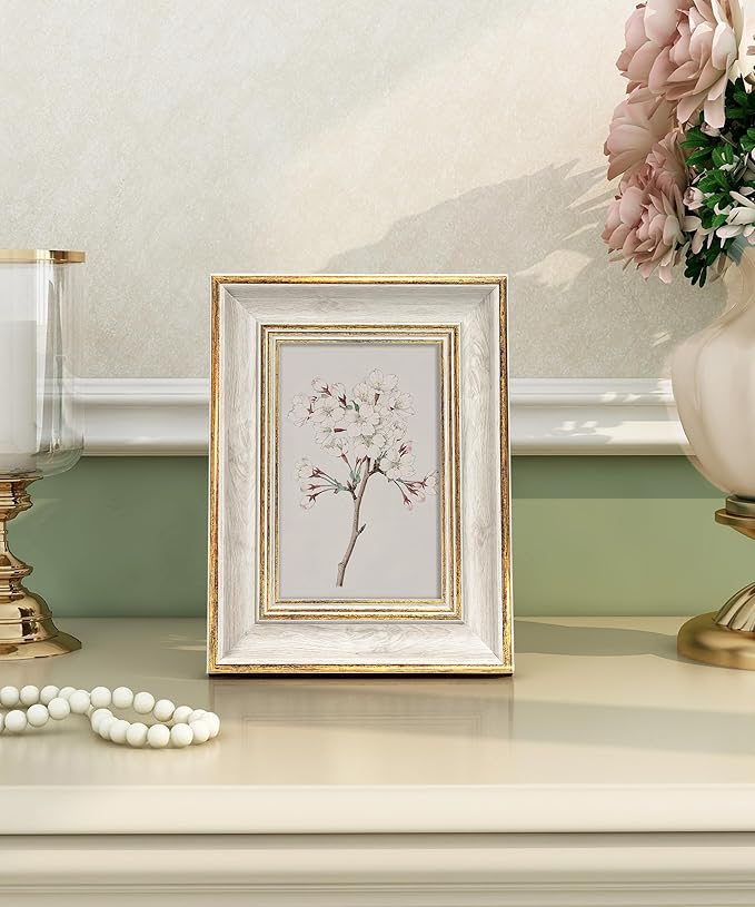 Afuly 4x6 Picture Frames Vintage Antique Photo Frame Gold White for Tabletop Single Display Wall Hanging Tabletop Distressed Wedding Birthday Gifts for Grandma Friends Family