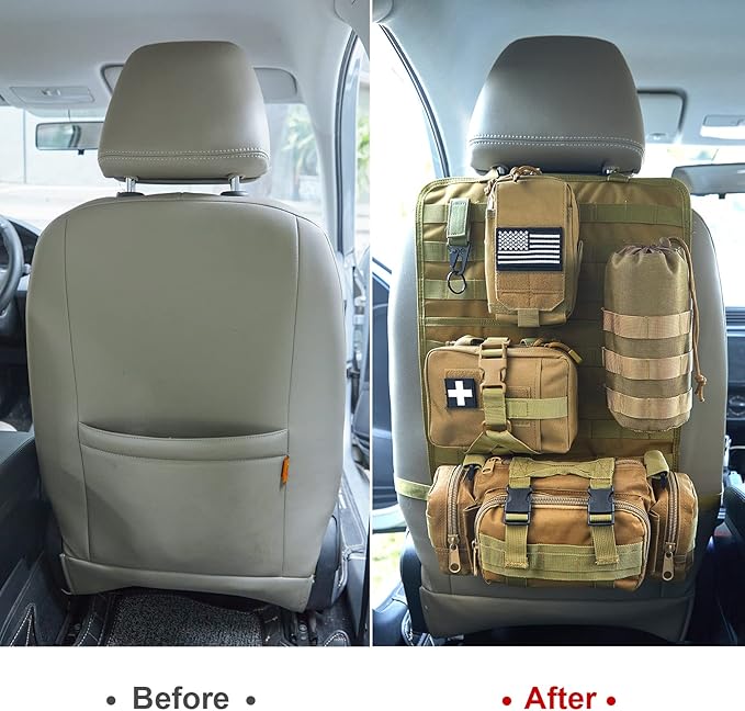 Universal Tactical Car Seat Back Organizer Bag Tactical Molle Vehicle Organizers Panel Vehicle Protector Organizers with 4 Detachable Pouches for Car Truck Ford Jeep Vehicle (Khaki)