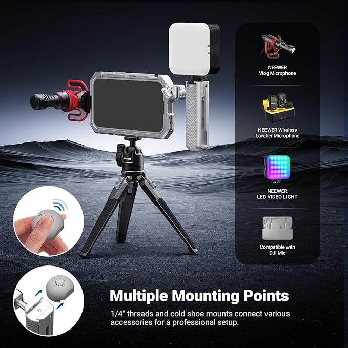 NEEWER Phone Cage Kit Compatible with iPhone 17 Pro Only, Video Rig Stabilizer Accessories with 67mm Filter Ring, 17mm & T Mount Lens Backplates, Quick Release Bluetooth Handle, PA143 (Silver)