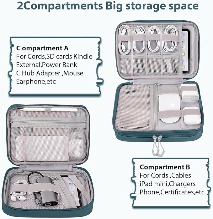 DDgro Electronics Travel Organizer Case for Cables/Cords/Chargers/Tech Essentials, Double Layers (Aqua Blue, PU-Large)