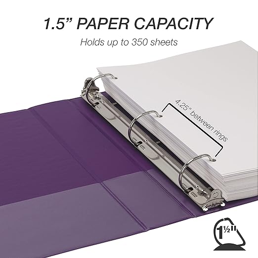 Samsill Durable 1.5 inch 3 Ring Binder, Made in USA, D Ring Binder, FSC 100% Recycled Chipboard, Purple