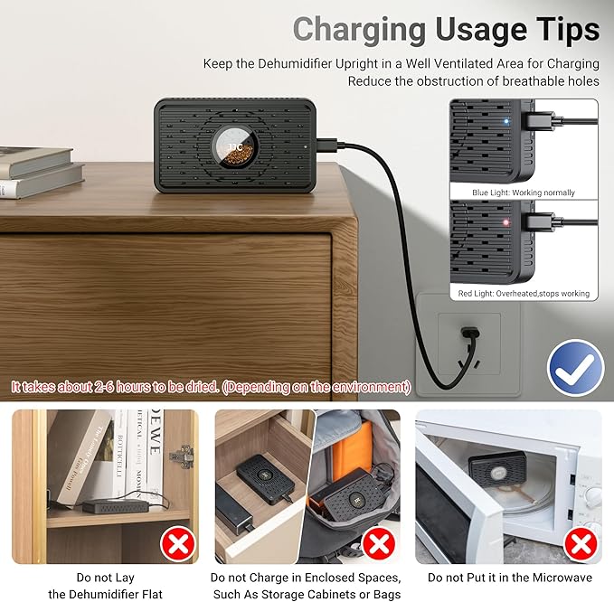 Auto Power-off Rechargeable Desiccant Dehumidifier with USB-C Cable, Reusable Portable Moisture Humidity Absorber Dryer Silica Gel Beads Packets for Gun Safe Camera Lens Pouch Electronics 3d Filaments