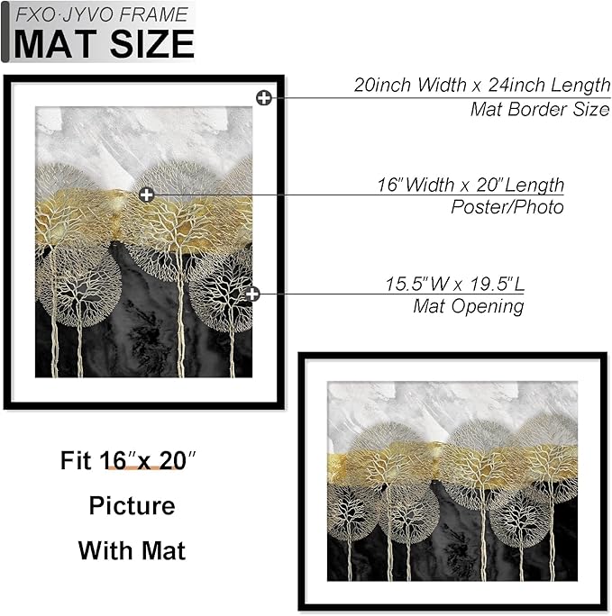 20x24 Picture Frame Set of 3, Display Poster 16x20 with Mat or 20 x 24 Without Mat, Light Weight and High Transparent 20 by 24 Frame for Wall - 3 Pack/Black/20 x24