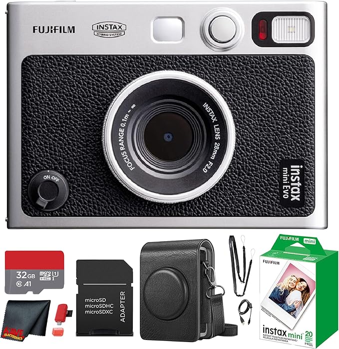 Fujifilm Instax Mini EVO Hybrid Instant Camera (Black) Bundle with Instax-Mini Twin Pack Instant-Film 20 Sheets + 32GB Memory Card + Vintage Black Mini-Evo Camera Case + Cleaning Cloth