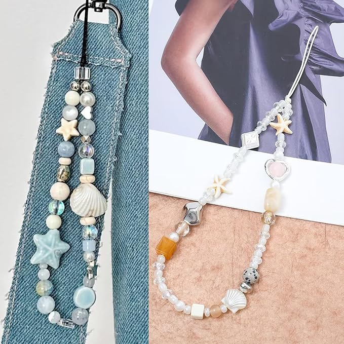 2 Pcs Phone Charm Strap Universal Hand Phone Wrist Strap Camera Lanyard Pearl Beaded Cute Chain String Accessories Universal for iPhone 16 Pro Max Samsung Women Girls Phones Bag Keychain Beach Style