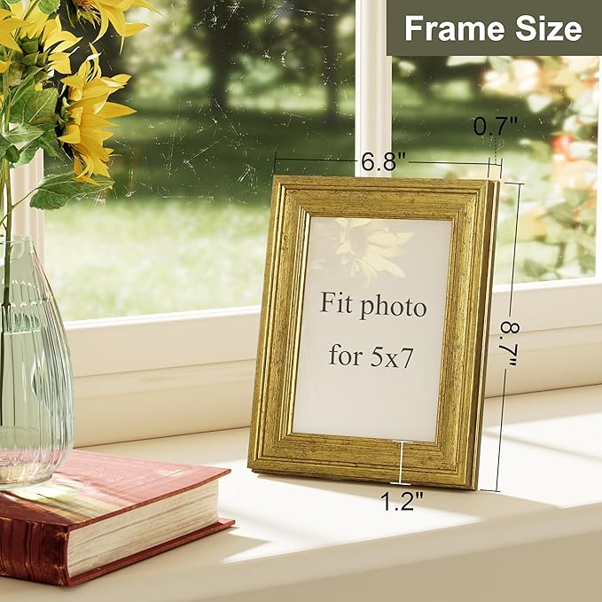 Vittanly 5x7 Picture Frame Set of 4, Vintage Photo Frame for Wall or Tabletop, Display 5x7 Pictures, Rustic Farmhouse Home Decor, Gold