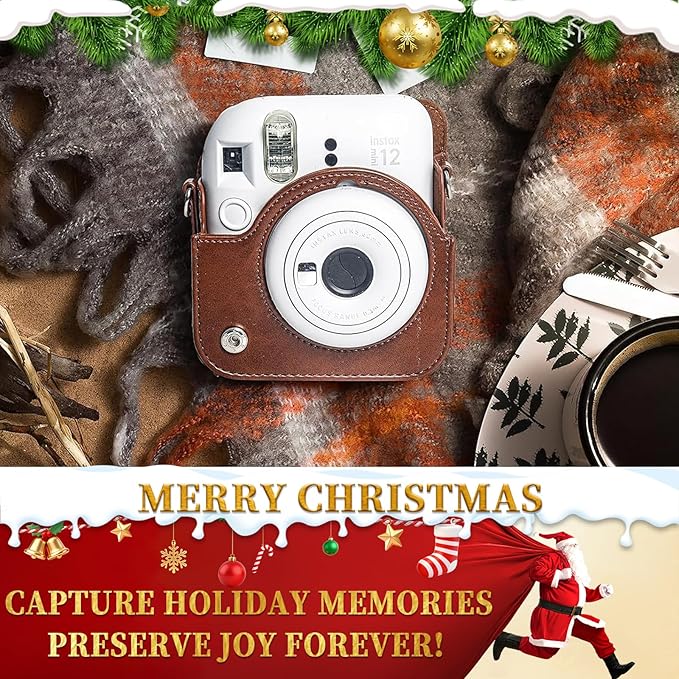 CAIYOULE Protective Camera Case for Instax Mini 12 Instant Camera Fuji Mini 12 Case PU Leather Carrying Bag with Adjustable Shoulder Strap & 64 Pockets Photo Album - Brown