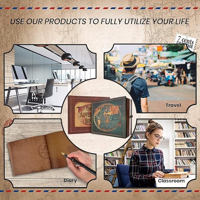 JIMBON Our Adventure Book 180 Pages Scrapbook Photo Album,Retro Style Embossed Letter Leather Cover Travel Diary Journal Scrap Book For Couples,Memory Book For Anniversary Wedding