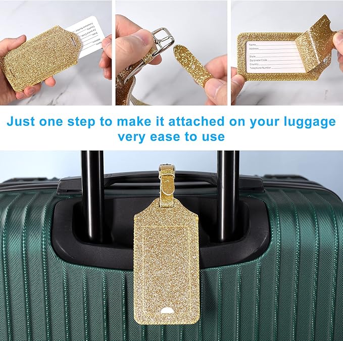 ACdream Luggage Tags 2 Pack, Leather Suitcase Tags Identifiers, Cute Cruise ID Labels with Privacy Cover fits on Backpack, Travel Bag, for Women, Men, Adults, Kids, Glitter Gold
