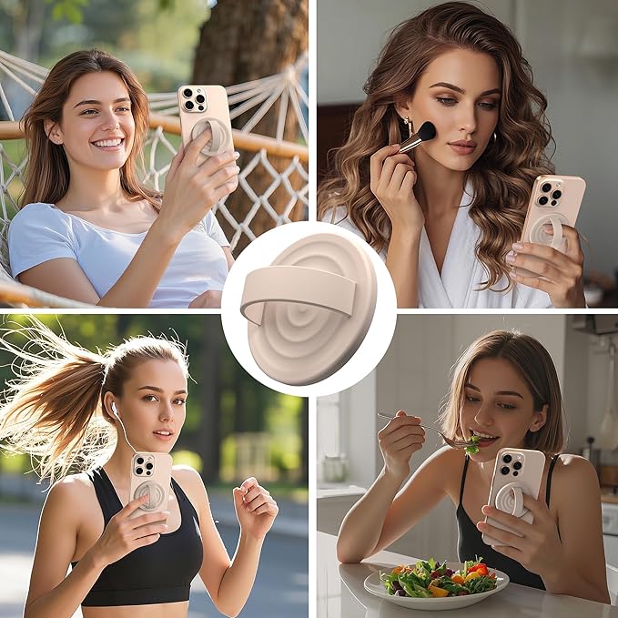 Magnetic Phone Grip Ring Holder, Liquid Silicone Magnet Cell Phone Grip Finger Loop, Compatible with Magsafe, Back of Phone for iPhone 17/16/15/14/13/12 Series, Oat