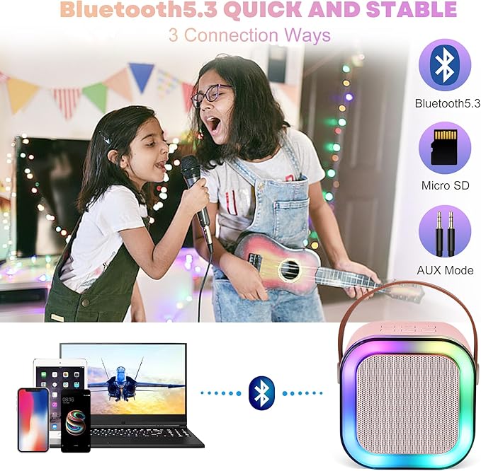 Mini Karaoke Machine, Portable Bluetooth Karaoke Speaker with 2 Wireless Microphones and Light for Family Home Party,Toys for Girls Boys Friends Age 3-12+ Kids and Adults Birthday Gifts.(Pink)