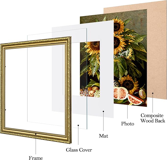 eletecpro 12x12 Picture Frames Set of 4, Vintage Photo Frame with Glass Cover, Gold Frames 12 by 12 Display 8x8 Photo with Mat or 12x12 without Mat for Home Wall Decor, Gold