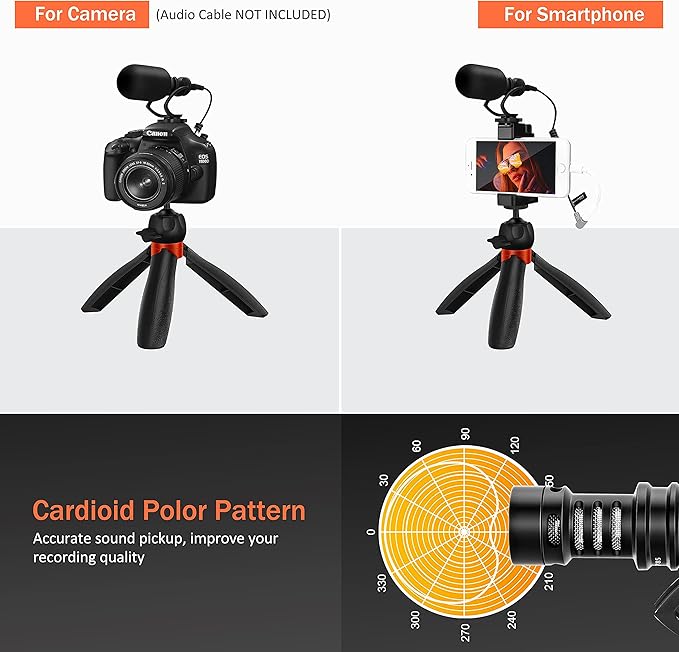 COMICA Smartphone Microphone with Mini Tripod, CVM-VM10-K2 PRO Video Shotgun Mic for iPhone and Android Phones, Vlogging Kit for YouTube Recording Facebook Live,Filmmaker Accessories