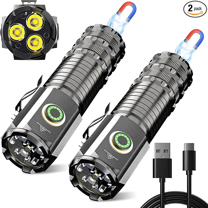 Wind&Moon Mini LED Flashlight Rechargeable, Small Bright High Lumens Powerful Pocket Flashlights with Clip, 5 Modes,Tactical Magnetic EDC Flash Light for Home,Car,Outdoor,Hiking, Emergency (2 Pack)