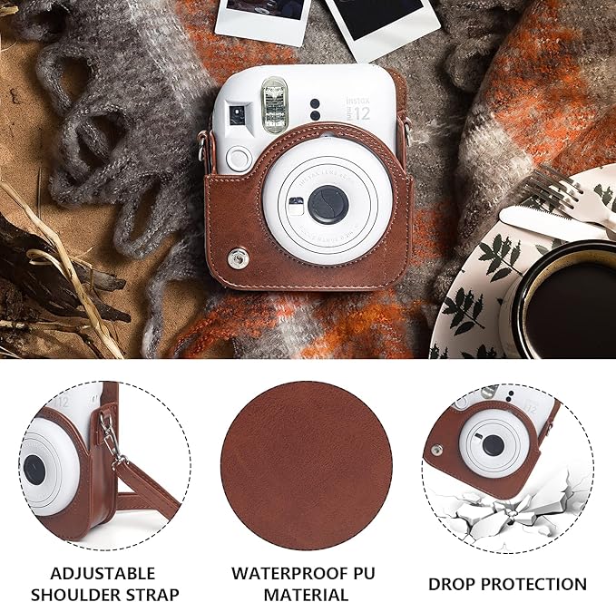 CAIYOULE Protective Camera Case for Instax Mini 12 Instant Camera Fuji Mini 12 Case PU Leather Carrying Bag with Adjustable Shoulder Strap & 64 Pockets Photo Album - Brown