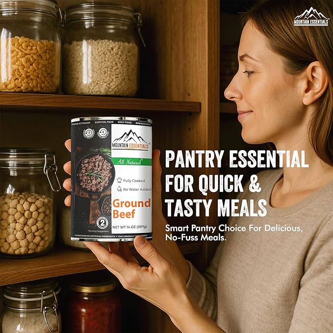 MOUNTAIN ESSENTIALS Ground Beef 14 Oz Fully Cooked Ready to Eat Hamburger Meat Emergency Survival Bulk Food Storage Canned Meat Perfect for Quick Meals 5 Years Shelf Life Made in USA Pack of 24