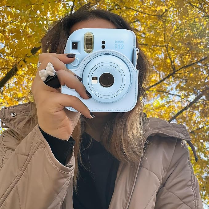 CAIYOULE Camera Case for Fujifilm Instax Mini 12 Instant Film Camera, Leather Protective Camera Crossbody Bag for Fuji Mini 12 with Photo Album, Adjustable Shoulder Strap, Pastel Blue-No Camera