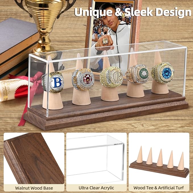 Championship Ring Display Case Baseball Softball Football Ring Holder for 5 Rings Wanult Wood Base Acrylic Sports Ring Display Case Stand for Men Wooden Ring Box for Women Memorabilia Showcase Cube