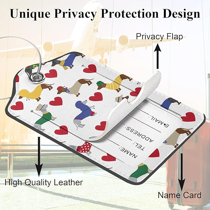 Cute Colorful Dog 2 Pack PU Leather Luggage Tags for Suitcase, Red Heart Travel Cruise Tag with Privacy Flap, Name ID Label and Metal Loop for Women Men Baggage Handbag School Bag