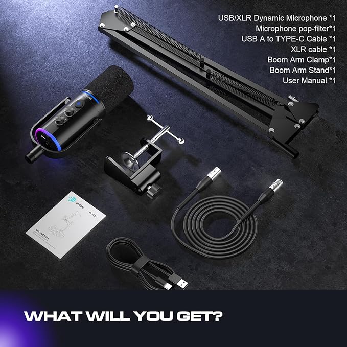XLR/USB Podcast Microphone, Gaming Mic with Mute Button, Reverb Effects, Noise Cancellation, Boom Arm Stand, Headphones Jack, Dynamic Microphone for Streaming/Recording/Gaming/Vocal-Black