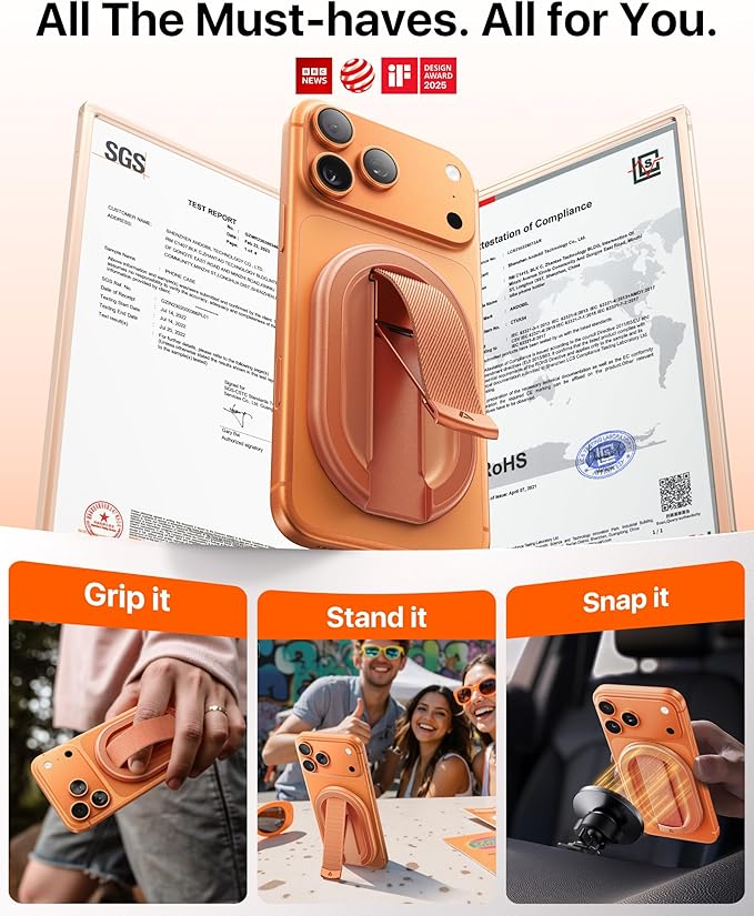 andobil [2026 All-New] Magnetic Phone Grip for Magsafe with Finger Strap [Comfortable & Durable] Magnetic Phone Ring Holder for MagSafe Accessories & iPhone 17 Air 16 Pro Max Plus 15 14 13 12, Orange