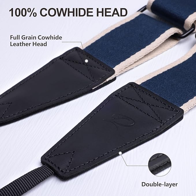 Padwa Lifestyle Adjustable Camera Strap - 2" Top Layer Cowhide Head Camera Straps for Photographers,Soft Cotton Crossbody Strap with Quick Release fits All Cameras - Blue Stripe