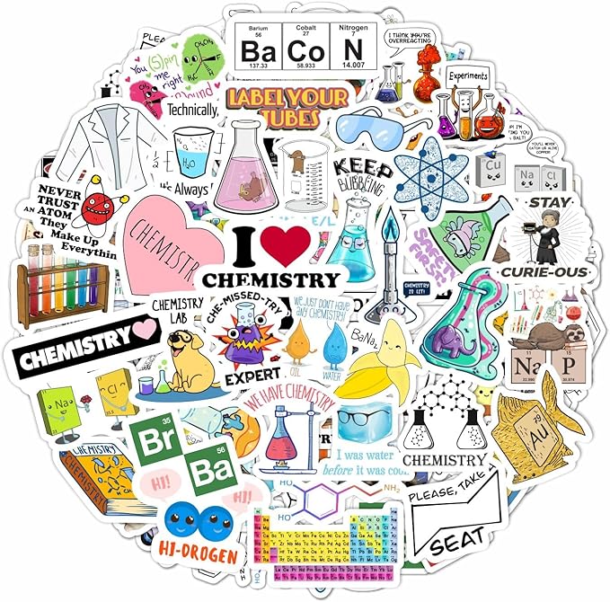 BulbaCraft 100Pcs Funny Chemistry Stickers for Laptop, Chemistry Computer Stickers, Lab Decals, Science Themed Presents, Gifts for Women & Men