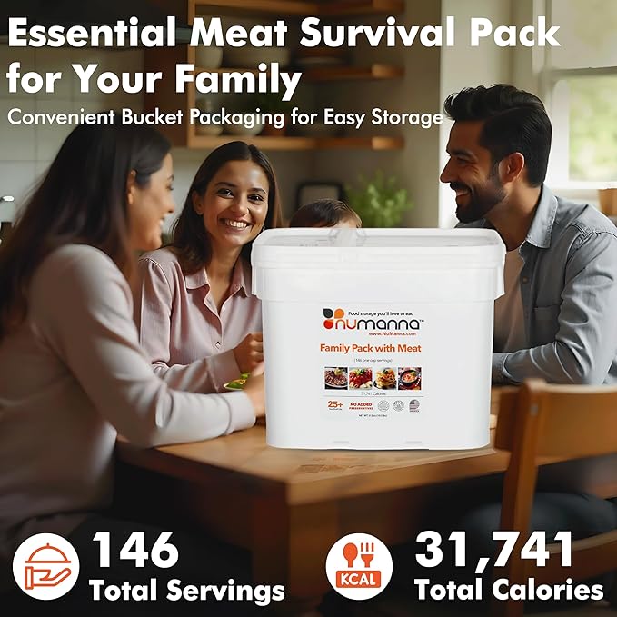 Numanna Family Pack with Meat Bucket 146 Servings | 1-Month Emergency Protein-Rich Meals | Easy to Prepare for Everyday Use, Prepping & Camping | 25+ Year Shelf Life | Made in USA | Food-Grade Bucket