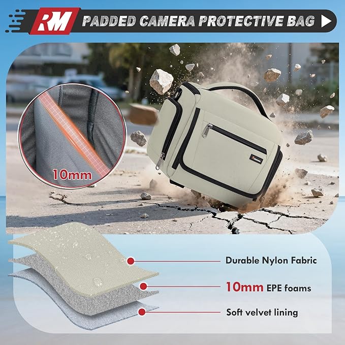 RAINSMORE Waterproof Camera Bag with Tripod Holder for Canon, Sony, Nikon, and Fujifilm – Small Sling Camera Case for Photographers, Beige