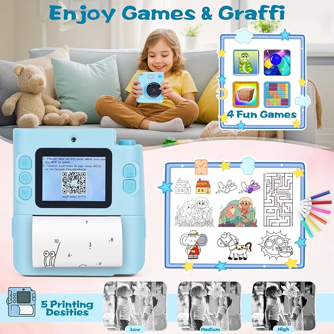 Kids Camera Instant Print, 1080P HD Dual-Lens Selfie Digital Camera with 5 Printing Paper Rolls & 32G TF Card, for Children, Portable Toddler Toy for Age 3-12 Boys & Girls (Blue)