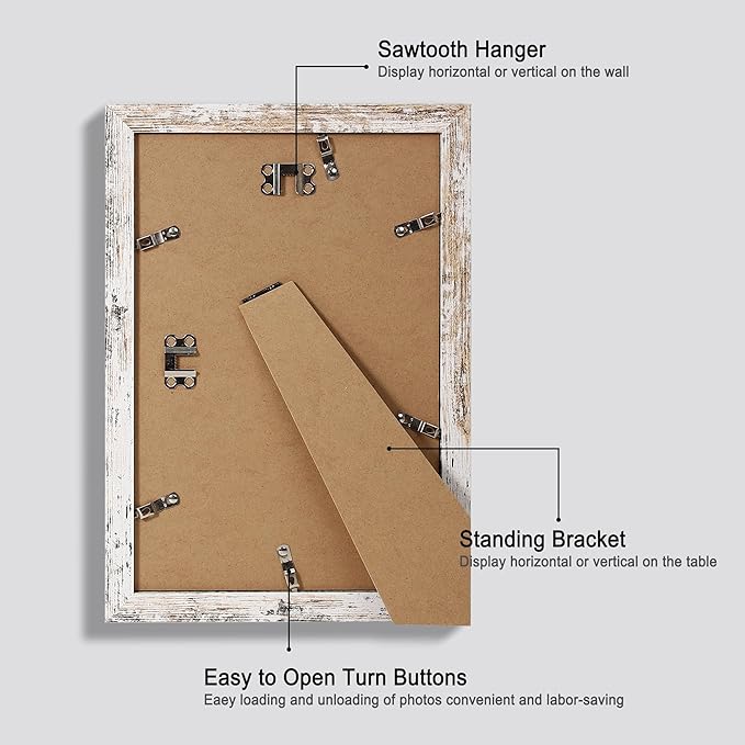 8x12 Picture Frame Set of 4, Made of Glass and Distressed White Wooden Frame - Display 6x8 Picture with Mat or 8 x 12 Poster Without Mat, 8 by 12 Photo for Wall or Tabletop