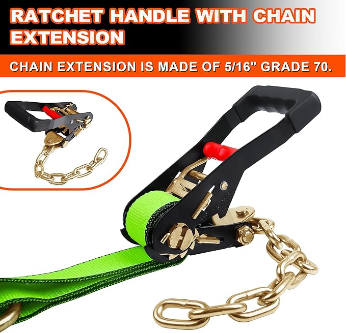 2" x 12' RTJ Cluster Hook Ratchet Straps with 8 Point Chain, 4 Pack - Heavy Duty Tow Strap for Trucks, Trailers, and Car Haulers - Wheel Tie Down Straps for Tow Trucks & Auto Transport