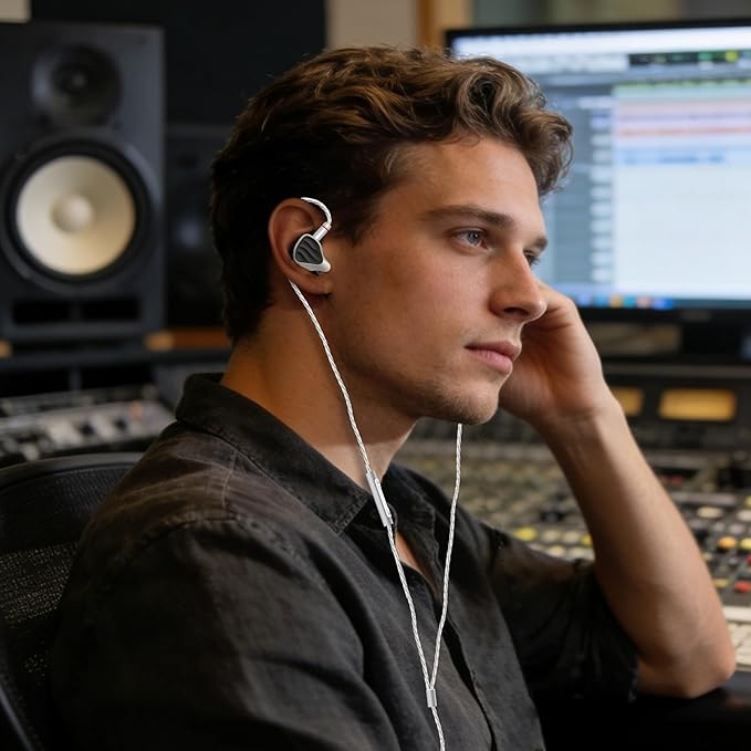 Hybrid in Ear Monitors Headphones with Mic, IEM Earphones 10mm Dual Dynamic Drivers, HiFi Wired Earbuds, Zinc Alloy Faceplate in Ear Monitor with Silver-Plated Detachable Cable for Musician