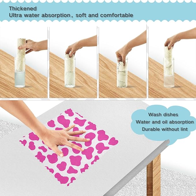 CaTaKu Pink Cow Print Kitchen Dish Cloths, 6 Pack Reusable Dish Rags for Washing Dishes, Microfiber Cleaning Cloths Dish Towels Washcloths for Kitchen Drying