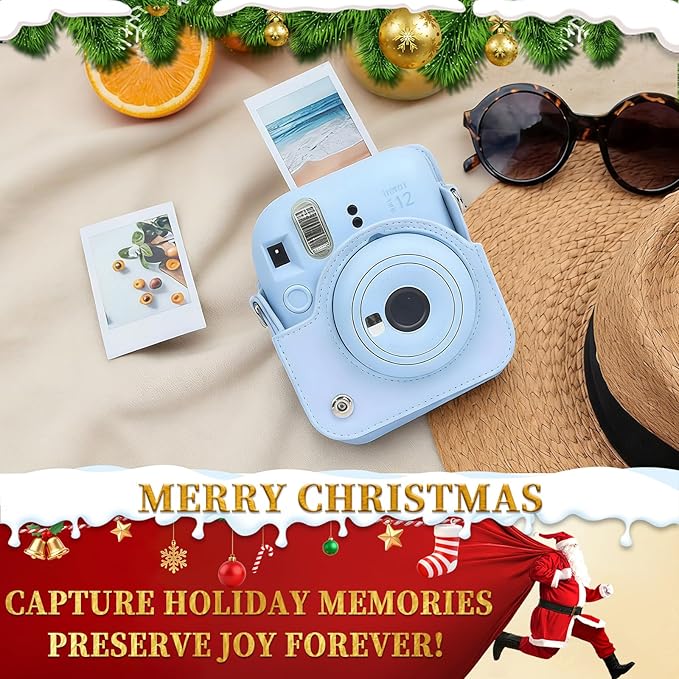 CAIYOULE Camera Case for Fujifilm Instax Mini 12 Instant Film Camera, Leather Protective Camera Crossbody Bag for Fuji Mini 12 with Photo Album, Adjustable Shoulder Strap, Pastel Blue-No Camera