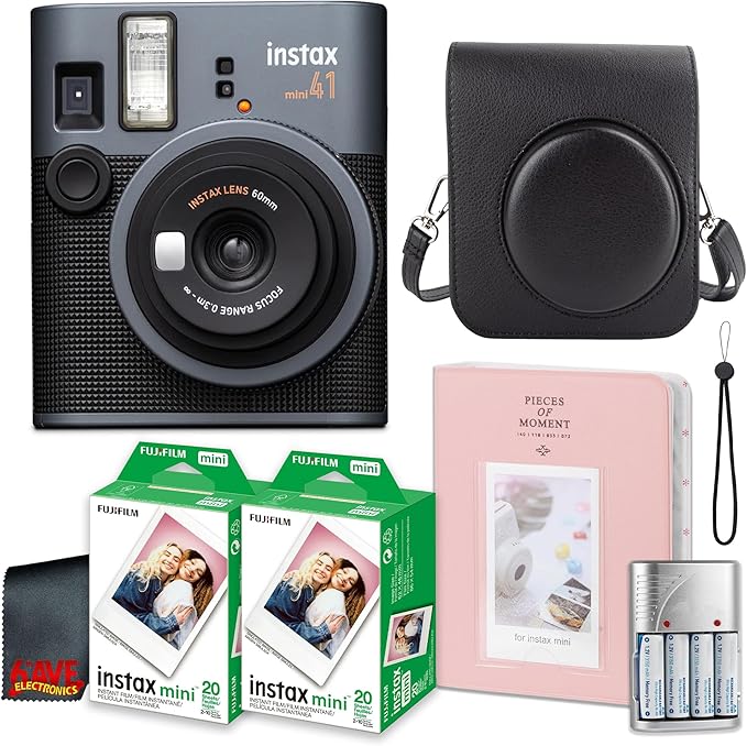 Fujifilm Instax Mini 41 Instant Camera Bundle with 40 Sheets Film, Carrying Case, Photo Album, AA Rechargeable Batteries & Charger, Accessories
