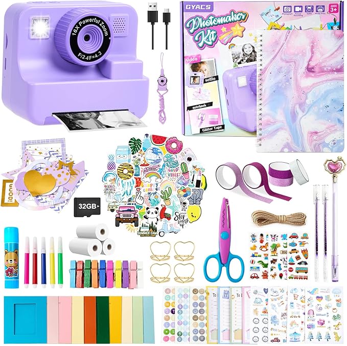 Kids Instant Print Camera, 1080P Selfie Video Camera with DIY Journal Kit – 200+ Accessories, Christmas & Birthday Gifts for Girls & Boys Ages 3-12 (Purple)