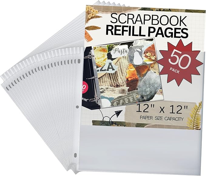 Performore 50 Pack of Scrapbook Refill Pages, 12.25" X 12.25" Clear Sheet Protectors for 3 Ring Binder, Plastic Sheet Sleeves, Top Loading Paper Protector, Archival Safe for Documents and Photo