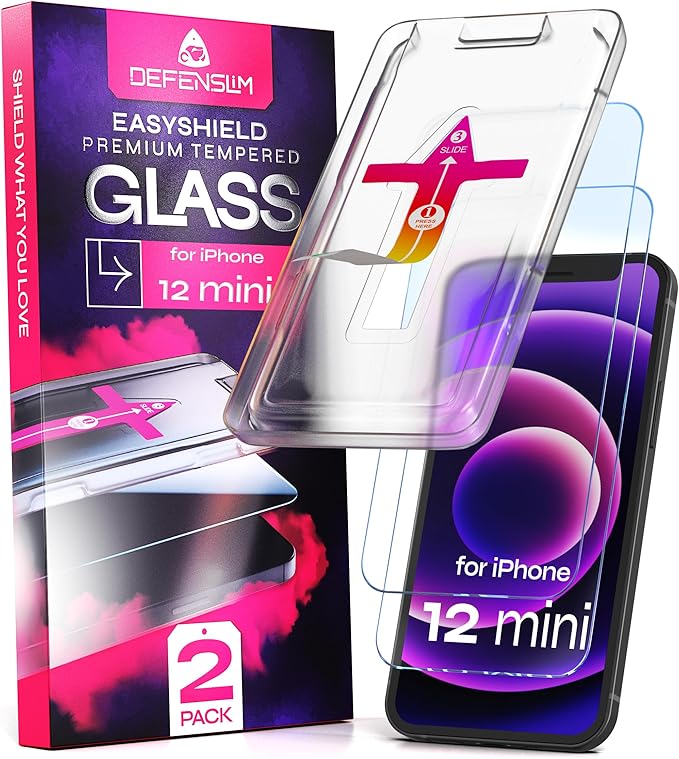 Defenslim Screen Protector for iPhone 12 mini (2Pack), Easy Auto-Align Install Kit, 5.4" Tempered Glass, 9H Hardness, Ultra HD Clear, Case Friendly, EasyShield