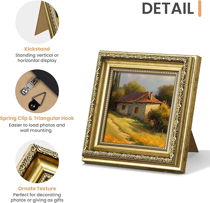 upsimples 5x5 Picture Frame with Real Glass, Ornate Vintage 5 x 5 Photo Frames for Wall Decor or Tabletop Display, Gold, 2 Pack