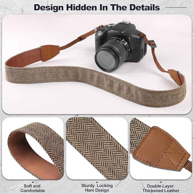 Universal Camera Strap - Camera Neck Strap, Adjustable Shoulder Straps Compatible with Canon, Fujifilm, Nikon, Olympus, Panasonic and other SLR and mirrorless cameras - Khaki and Black Stripes