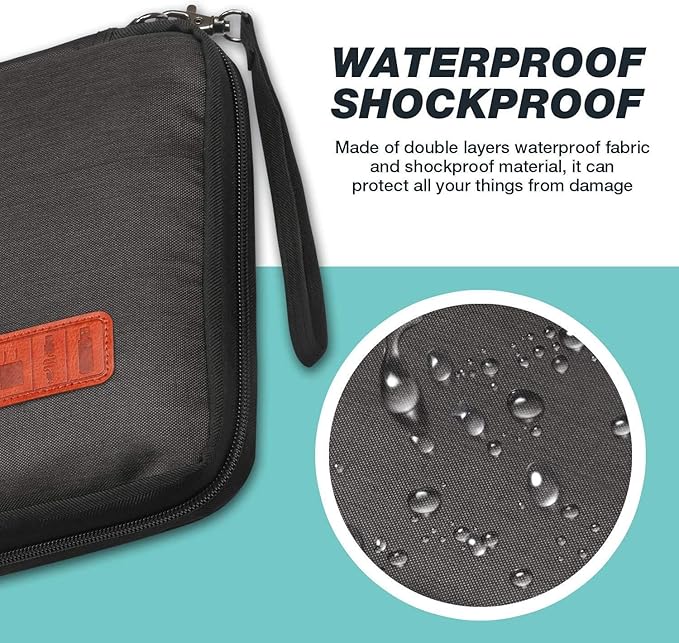 Travel Cable Organizer Bag Double Layer Waterproof Portable Electronic Accessories Organizer for USB Cable Cord Phone Charger Headset Wire SD Card with 10pcs Cable Ties(Black10.6x8 in)