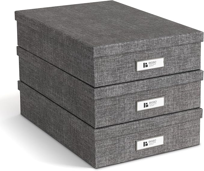 Bigso Oskar Canvas Fiberboard Document Letter Box for Important Paperwork A4 or Letter Size - Durable Keepsake Box with Lid and Metal Label Holder - 3.3in x 10.2in x 13.8in - Melange Grey - 3 Pack