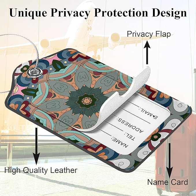 Mandela Boho Style 2 Pack PU Leather Luggage Tags for Suitcase, Travel Cruise Tags with Privacy Flap, Name ID Label and Metal Loop for Women Men Baggage Handbag School Bag Backpack