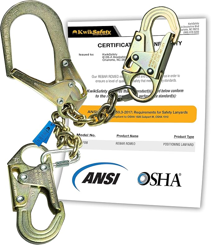 KwikSafety - Charlotte, NC - REBAR Romeo 29" Steel Rebar Chain Assembly [SELF-Locking Hooks] ANSI OSHA Lightweight Positioning Lanyard/Double Snap Hooks, Rebar Hook, Heat-Treated Twist Chain