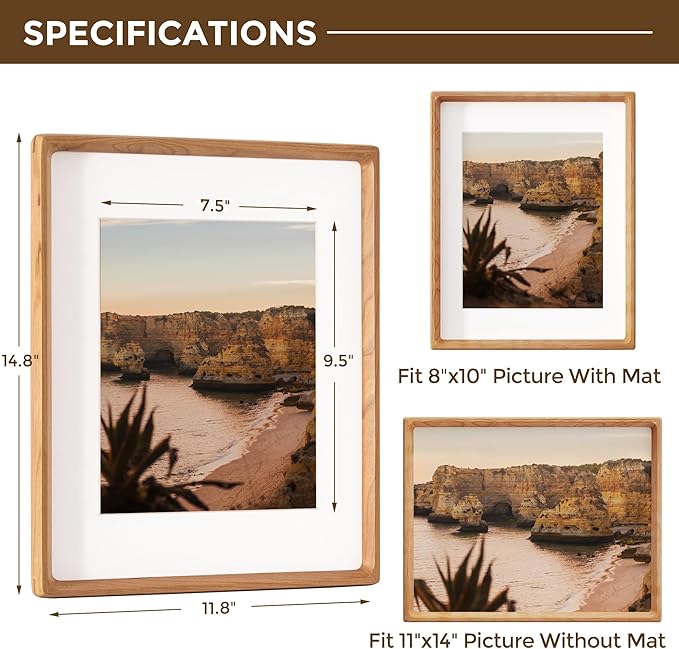 11x14 Wooden Picture Frames USA-Sourced Natural Cherry Solid Wood Photo Frame Handcrafted Rounded Corner with Mat to 8x10 Picture Frame Vintage Display with Real Glass Family Picture， 2 Pack
