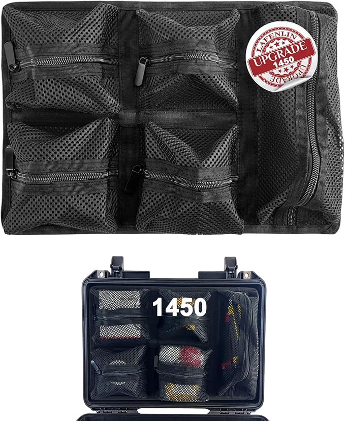 LAFENLIN UPGRADED Lid Organizer for Pelican 1450 Case [No Tools, Max Space] - 5-Pocket Thick Mesh for Photographers & Divers, Secures Camera Gear & Tools in Hard Cases, Hook & Loop Mount (No Screws)