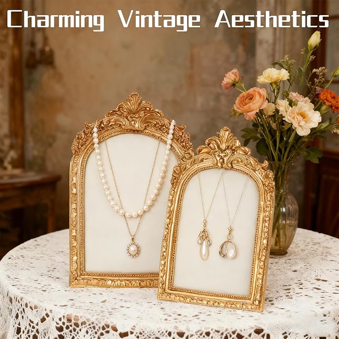 2 Pcs Gold Jewelry Stand, Vintage Photo Frame Earring Holder, Resin Jewelry Display Stand, Lined with Soft Velvet, Necklace Storage Box, Suitable for Women As Gifts for Birthdays, Holidays