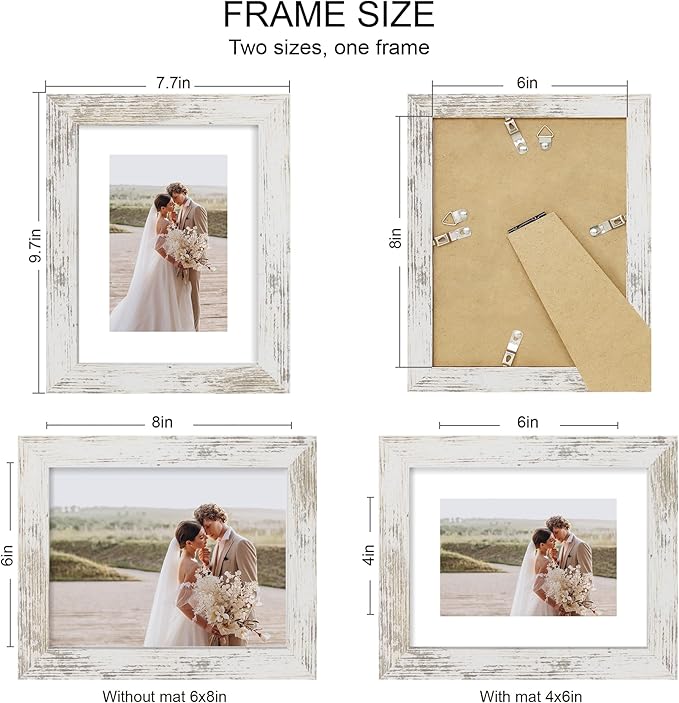 6x8 Picture Frame Set of 4, Made of Real Glass and Distressed White Frame - Display Picture 4x6 with Mat or 6x8 Without Mat, 6 by 8 Photo for Wall or Tabletop