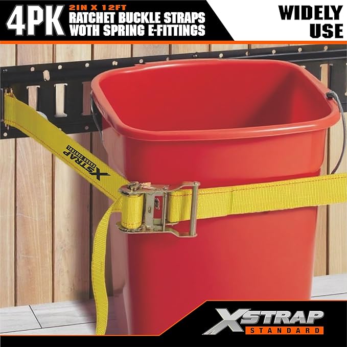 XSTRAP STANDARD 4-Pack E-Track Ratchet Straps 2" x 12' - 4,400 lbs Heavy Duty Cargo Tie Downs for Trailers, Trucks, Vans & Motorcycle Securing with Spring Fittings (Yellow)
